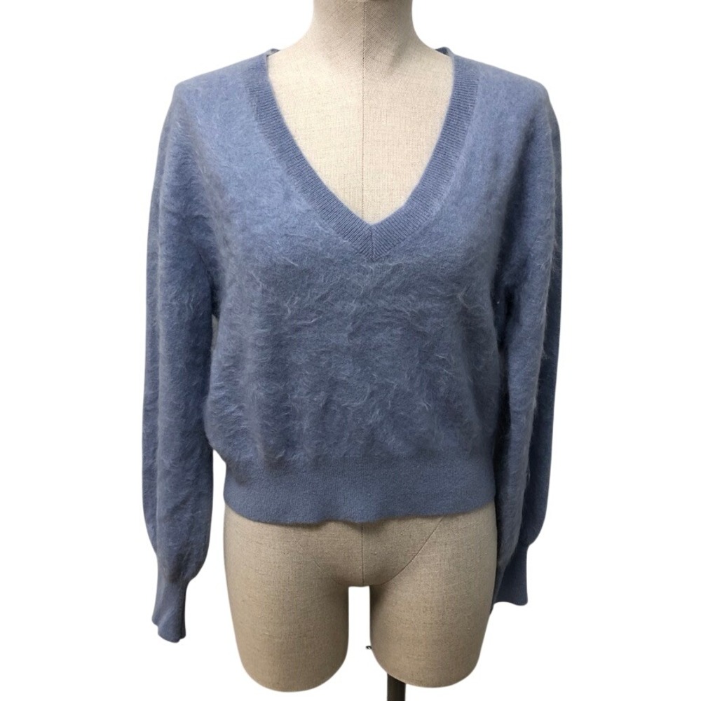 J.Crew Cashmere Sweater Womens Medium Blue V-Neck Fuzzy Cozy Soft Minimalist